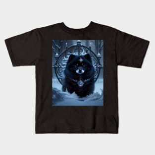 Snowy Black Pomeranian In Front of a Pentagram Gate Kids T-Shirt